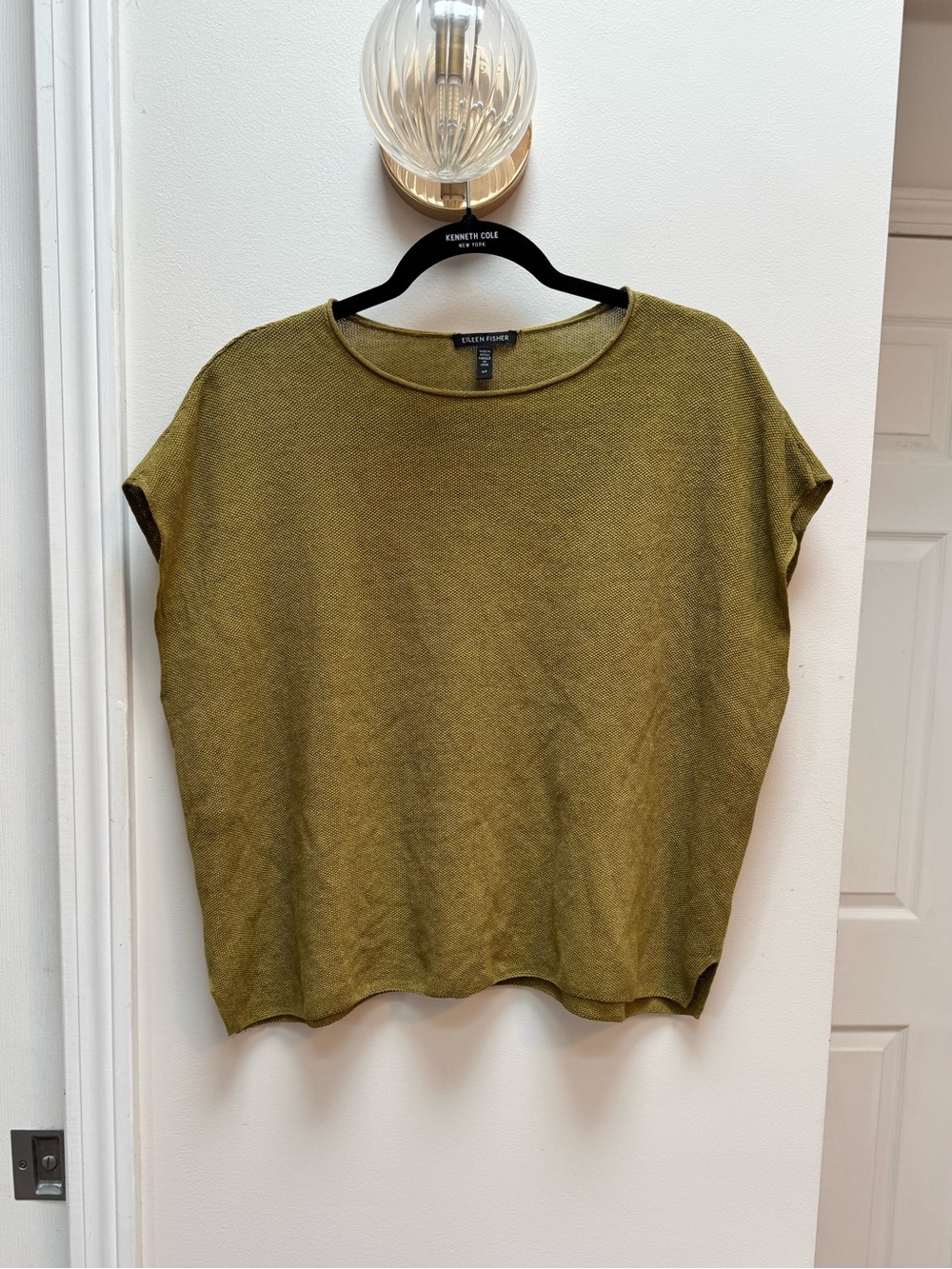 Eileen Fisher Olive Golden Green Short Sleeve Linen Knit Top